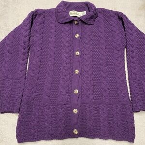 Aran Crafts Cardigan Sweater Womens Small Purple Merino Wool Cableknit Ireland